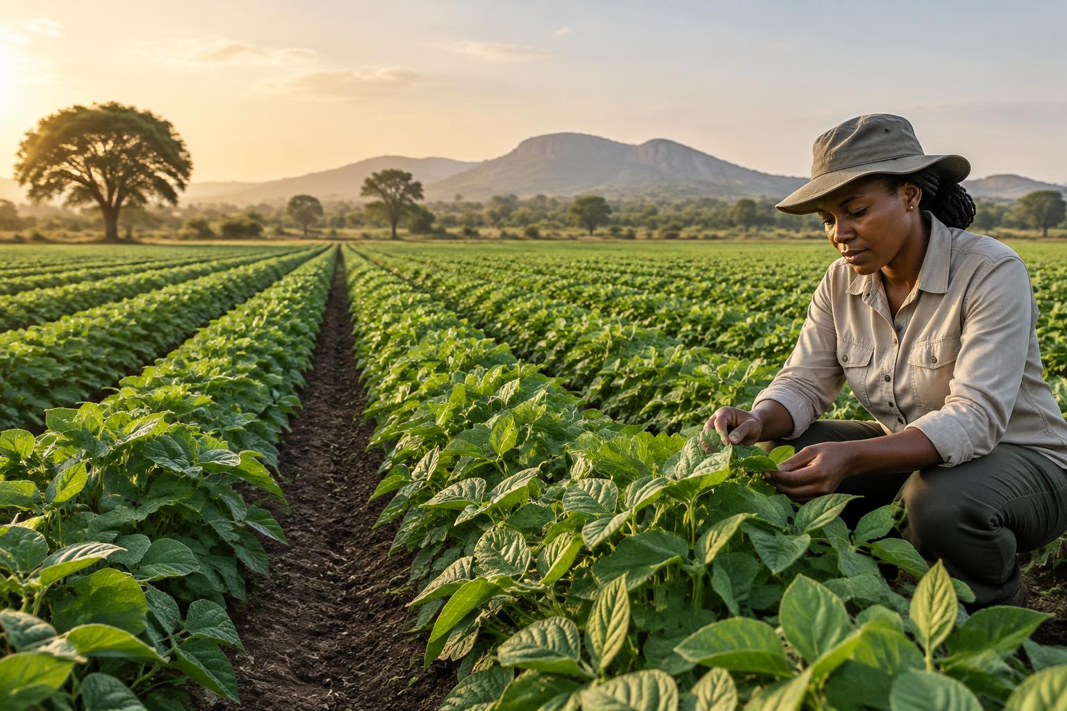 Agronomist inspecting healthy crop rows on a Nigerian farm