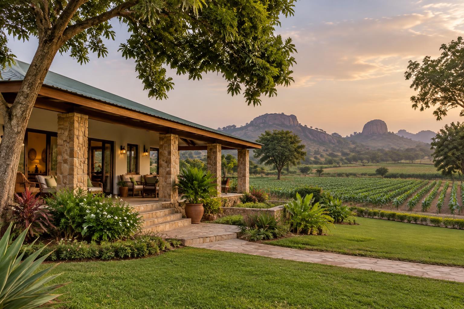 Farm landscape and lodge setting at sunset